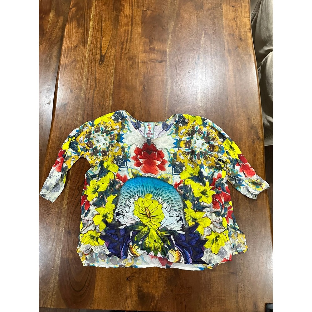 Johnny Was Floral Botanical Print Cupra Rayon Tunic Blouse Multicolor Size L